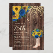 ひまわり素朴ブルーバラブーツ75誕生日 招待状 (正面/裏面)