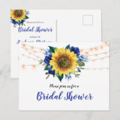 ひまわり素朴ブルーフローラライトブライダルシャワー インビテーションポストカード (正面/裏面)