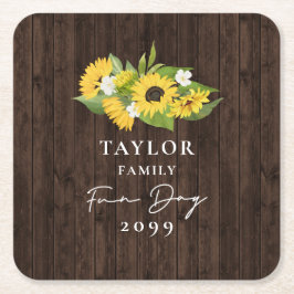 ひまわり素朴ブーケファミリーおもしろいデー スクエアペーパーコースター