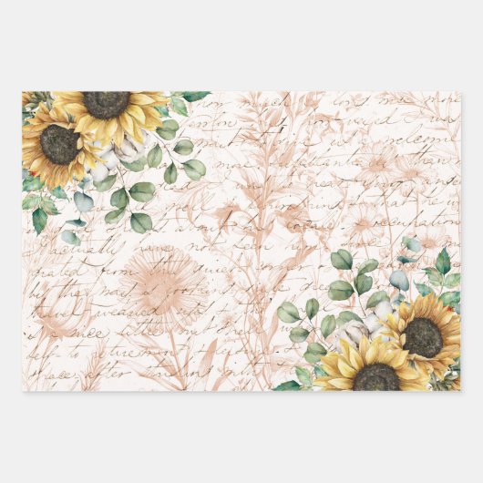 ひまわり素朴ブーケヴィンテージレターデコップページ ラッピングペーパーシート (正面2)
