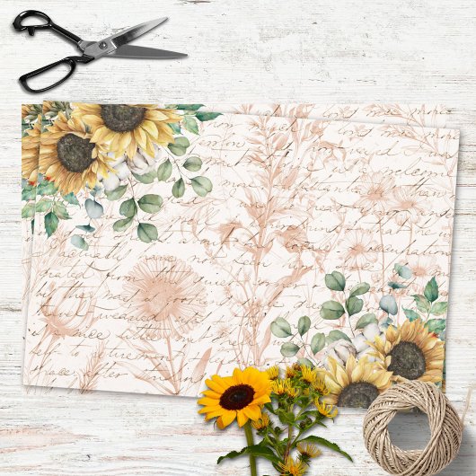 ひまわり素朴ブーケヴィンテージレターデコップページ ラッピングペーパーシート