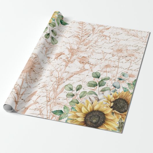 ひまわり素朴ブーケヴィンテージレターデコップページ ラッピングペーパー (アンロールド)