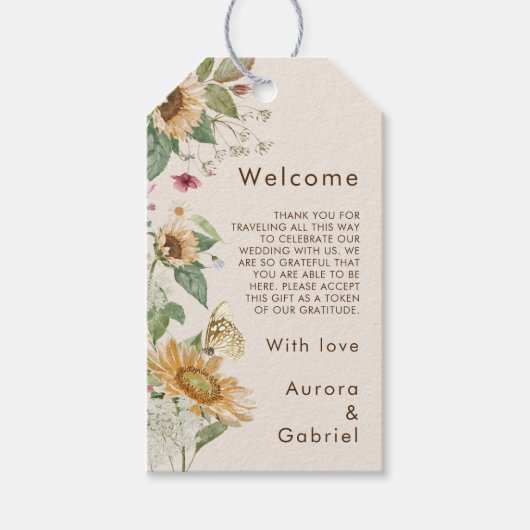 ひまわり素朴ベージュの結婚ウェルカムギフトラベル ギフトタグ (正面)