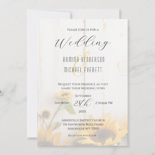 ひまわり素朴ホワイトバーンドウッドフォト結婚ズ 招待状 (正面)
