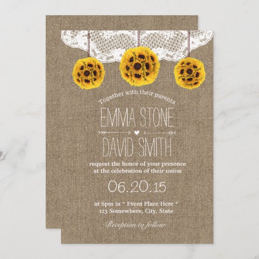 ひまわり素朴ポマンダースレース&バーラップ結婚ズ 招待状 (正面/裏面)