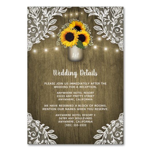 ひまわり素朴メイソンの結婚差し込みカード テーブルナンバー (正面)