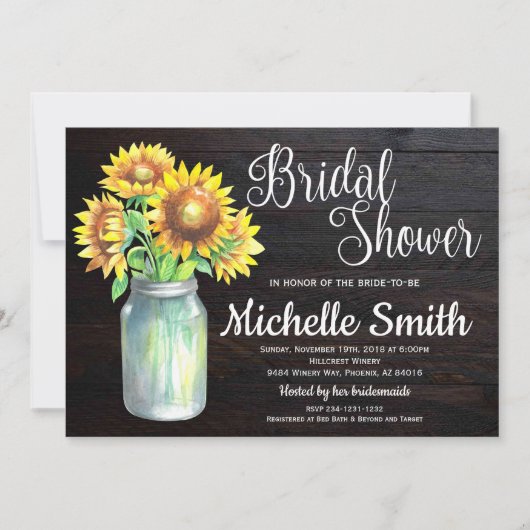 ひまわり素朴メイソンジャールカントリーブライダルシャワー 招待状 (正面)