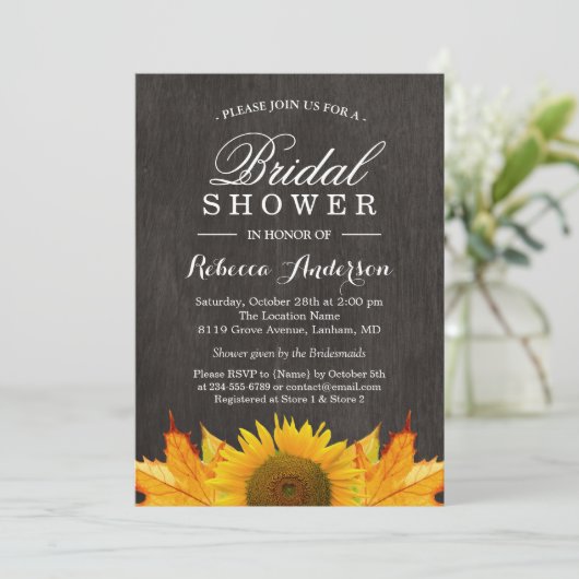 ひまわり素朴メイプル葉ズウッド |ブライダルシャワー 招待状 (スタンド正面)