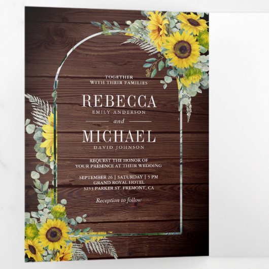 ひまわり素朴ユーカリプトゥスアーチバーンウッドズ結婚 三つ折り招待状 (内部最初)