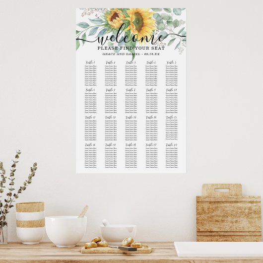 ひまわり素朴ユーカリ結婚のシーティングカート ポスター (キッチン)