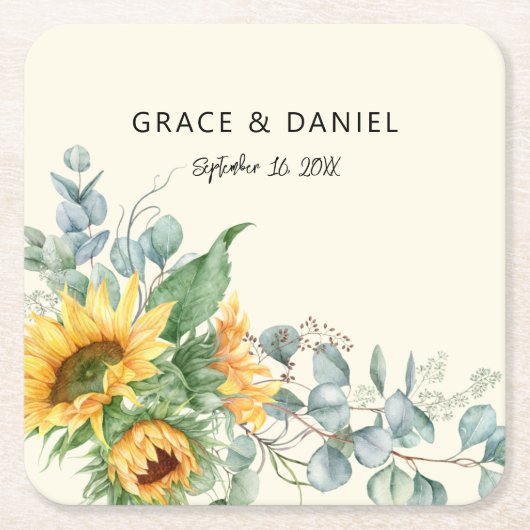 ひまわり素朴ユーカリ結婚式の引き出物 スクエアペーパーコースター (正面)