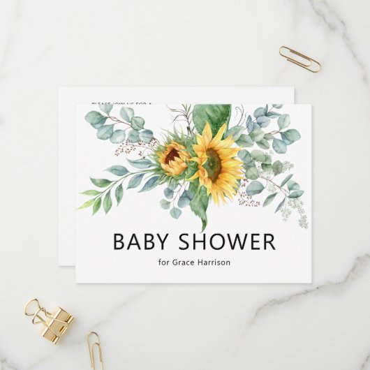ひまわり素朴ユーカリ緑の赤ちゃんシャワー インビテーションポストカード (正面/裏面インサイチュ)