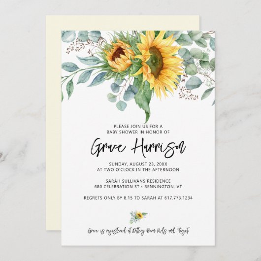 ひまわり素朴ユーカリ緑の赤ちゃんシャワー 招待状 (正面/裏面)