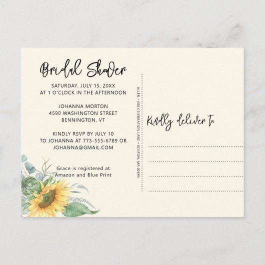 ひまわり素朴ユーカリ緑ブライダルシャワー インビテーションポストカード (裏面)