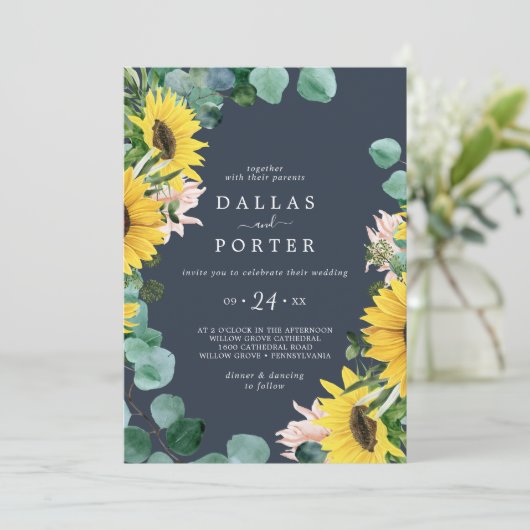 ひまわり素朴ユーカリ |ネイビカジュアルー結婚ズ 招待状 (スタンド正面)