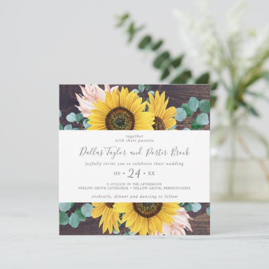 ひまわり素朴ユーカリ |木目の結婚正方形 招待状 (スタンド正面)