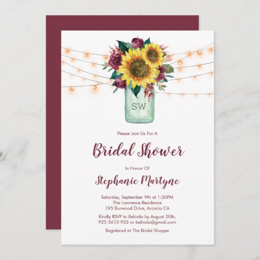 ひまわり素朴ライツメイソンジャーブライダルシャワー 招待状 (正面/裏面)