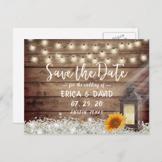 ひまわり素朴ランタン結婚式の日付保存 案内ポストカード (正面/裏面)