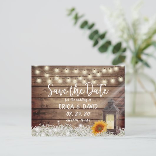 ひまわり素朴ランタン結婚式の日付保存 案内ポストカード (スタンド正面)