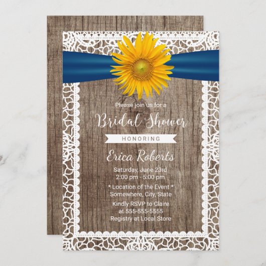 ひまわり素朴リボンレース木材ブライダルシャワー 招待状 (正面/裏面)