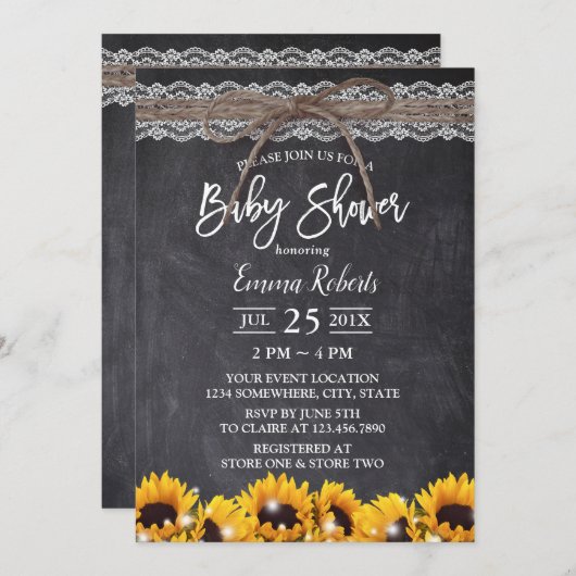 ひまわり素朴レースのトウィーンチョークボードベビーシャワー 招待状 (正面/裏面)