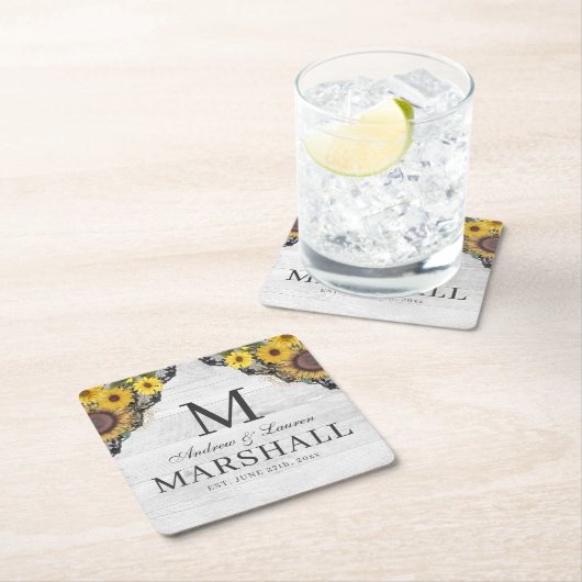ひまわり素朴レース木カップル夏の結婚夏 スクエアペーパーコースター (インサイチュ)