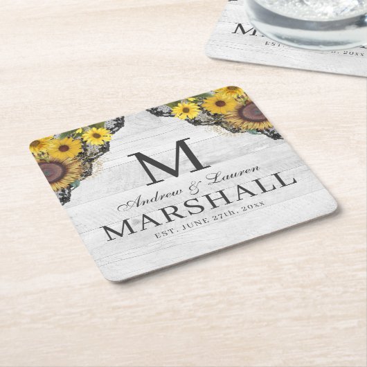 ひまわり素朴レース木カップル夏の結婚夏 スクエアペーパーコースター (アングル)