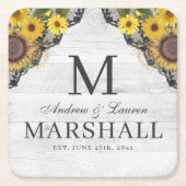 ひまわり素朴レース木カップル夏の結婚夏 スクエアペーパーコースター (正面)