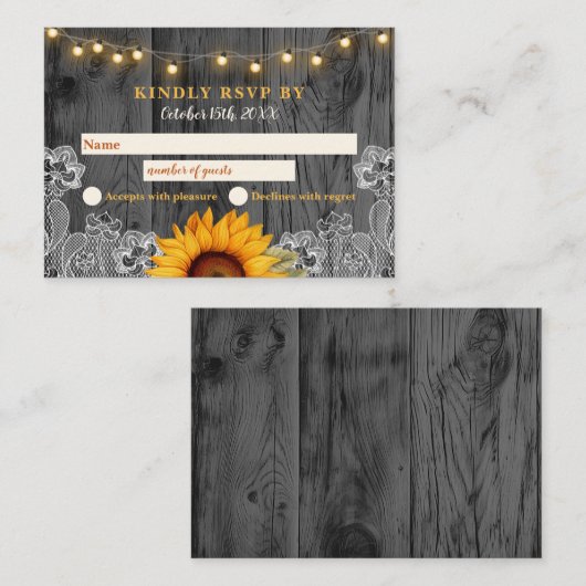 ひまわり素朴レース結婚式RSVPカード ノートカード (正面/裏面)