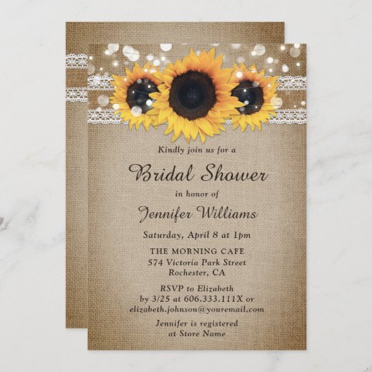 ひまわり素朴ヴィンテージフローラブライダルシャワー 招待状 (正面/裏面)