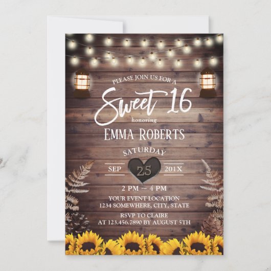 ひまわり素朴ヴィンテージランタンスウィート16 招待状 (正面)