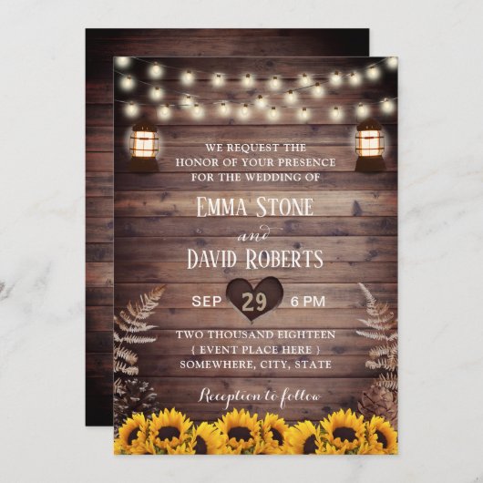ひまわり素朴ヴィンテージランタン秋の結婚式 招待状 (正面/裏面)