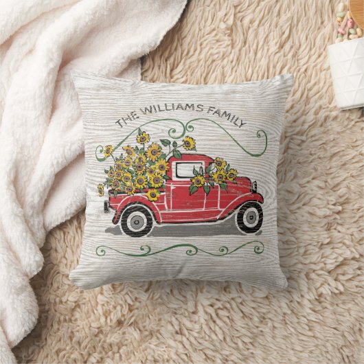 ひまわり素朴ヴィンテージレッドトラックファミリー名 クッション (ブランケット)