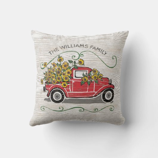 ひまわり素朴ヴィンテージレッドトラックファミリー名 クッション (裏面)