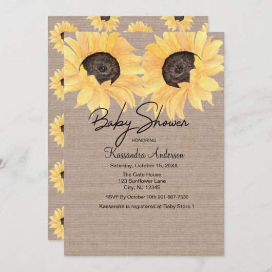 ひまわり素朴中立ジェンダー赤ちゃんシャワー 招待状 (正面/裏面)