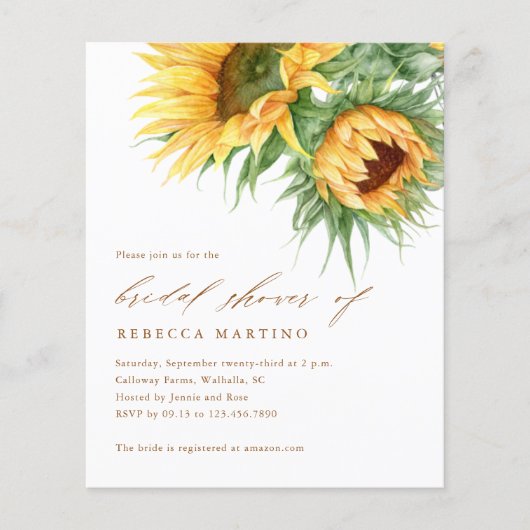 ひまわり素朴予算ブライダルシャワー招待状 (正面)