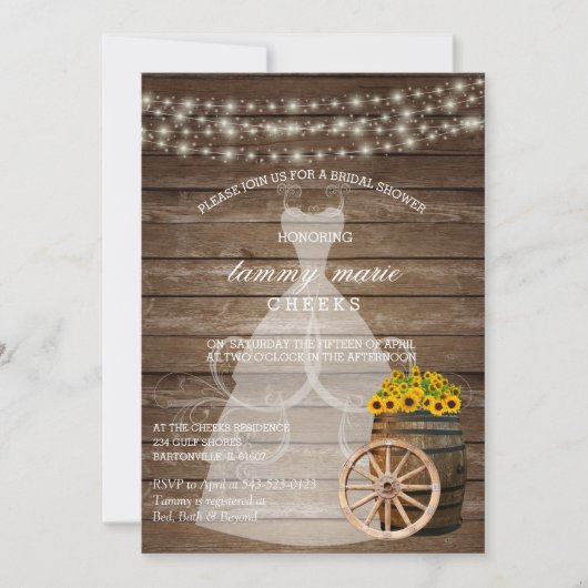 ひまわり素朴付き木製バレルブライダルシャワー 招待状 (正面)