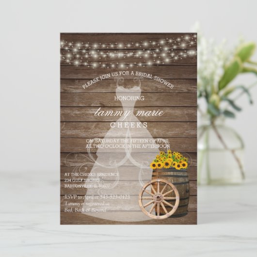 ひまわり素朴付き木製バレルブライダルシャワー 招待状 (スタンド正面)