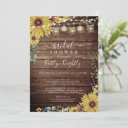 ひまわり素朴木製ストリングライトブライダルシャワー 招待状 (スタンド正面)