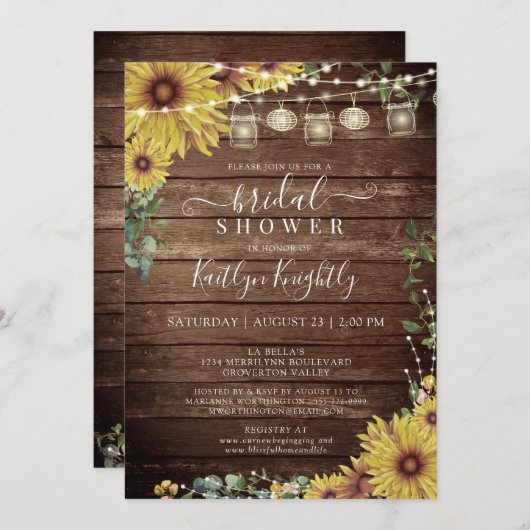 ひまわり素朴木製ストリングライトブライダルシャワー 招待状 (正面/裏面)