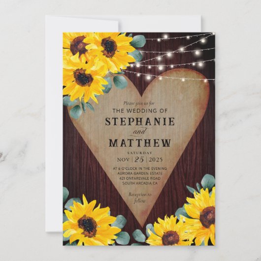 ひまわり素朴木製ハートストリングライト 招待状 (正面)