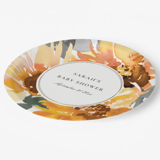 ひまわり素朴水彩フローラ赤ちゃんシャワー ペーパープレート (アングル)