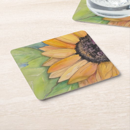 ひまわり素朴水彩画 スクエアペーパーコースター (アングル)