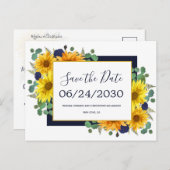 ひまわり素朴海軍バラ結婚式の日付を保存 案内ポストカード (正面/裏面)