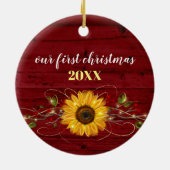 ひまわり素朴私たちの初めてのクリスマス写真 セラミックオーナメント (裏面)