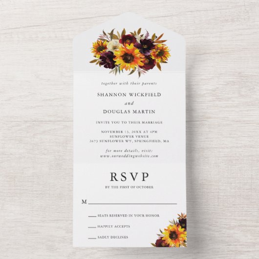 ひまわり素朴秋フローラエレガントな結婚式 オールインワン招待状 (内側)