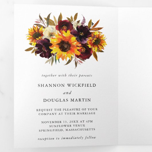 ひまわり素朴秋フローラフォトエレガントな結婚式 三つ折り招待状 (内部最初)