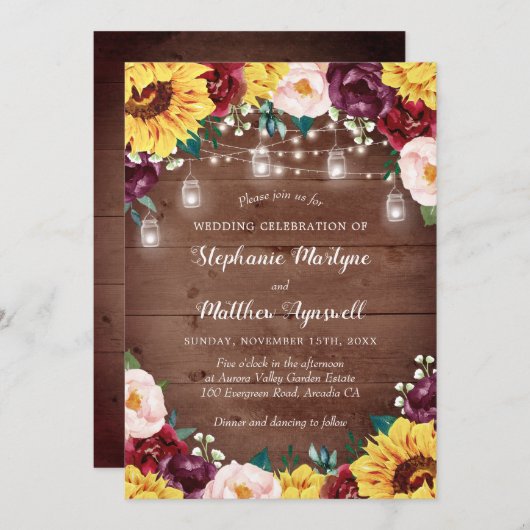 ひまわり素朴秋フローラライトウッド結婚ズ 招待状 (正面/裏面)