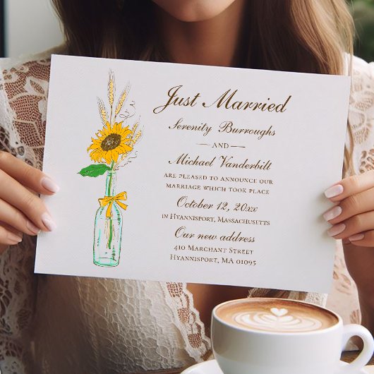 ひまわり素朴秋フローラ結婚たった今結婚しました 案内ポストカード