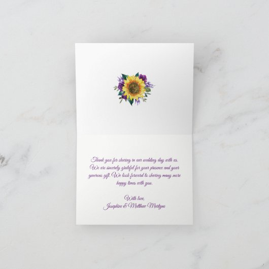 ひまわり素朴紫色のフローララ結婚イト サンキューカード (内部)